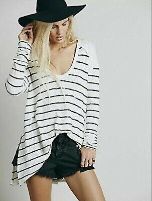 Free People White Black Stripe Boho Sunset Park Thermal Waffle Tunic Shirt Small | eBay US