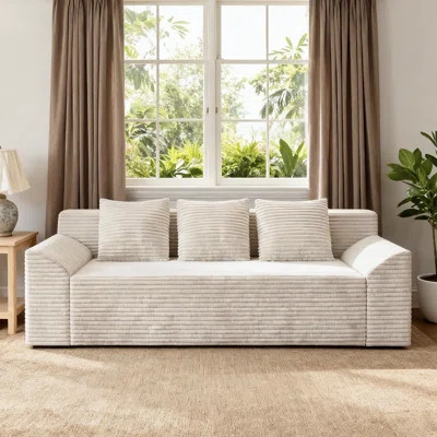 71" Beige Sofa, Corduroy 3-Seat Upholstered Couch With 26" Extra-Deep Seating, Button Tufted Back, Wide Armrests, No Assembly Living Room Beige Sofa F | Wayfair North America
