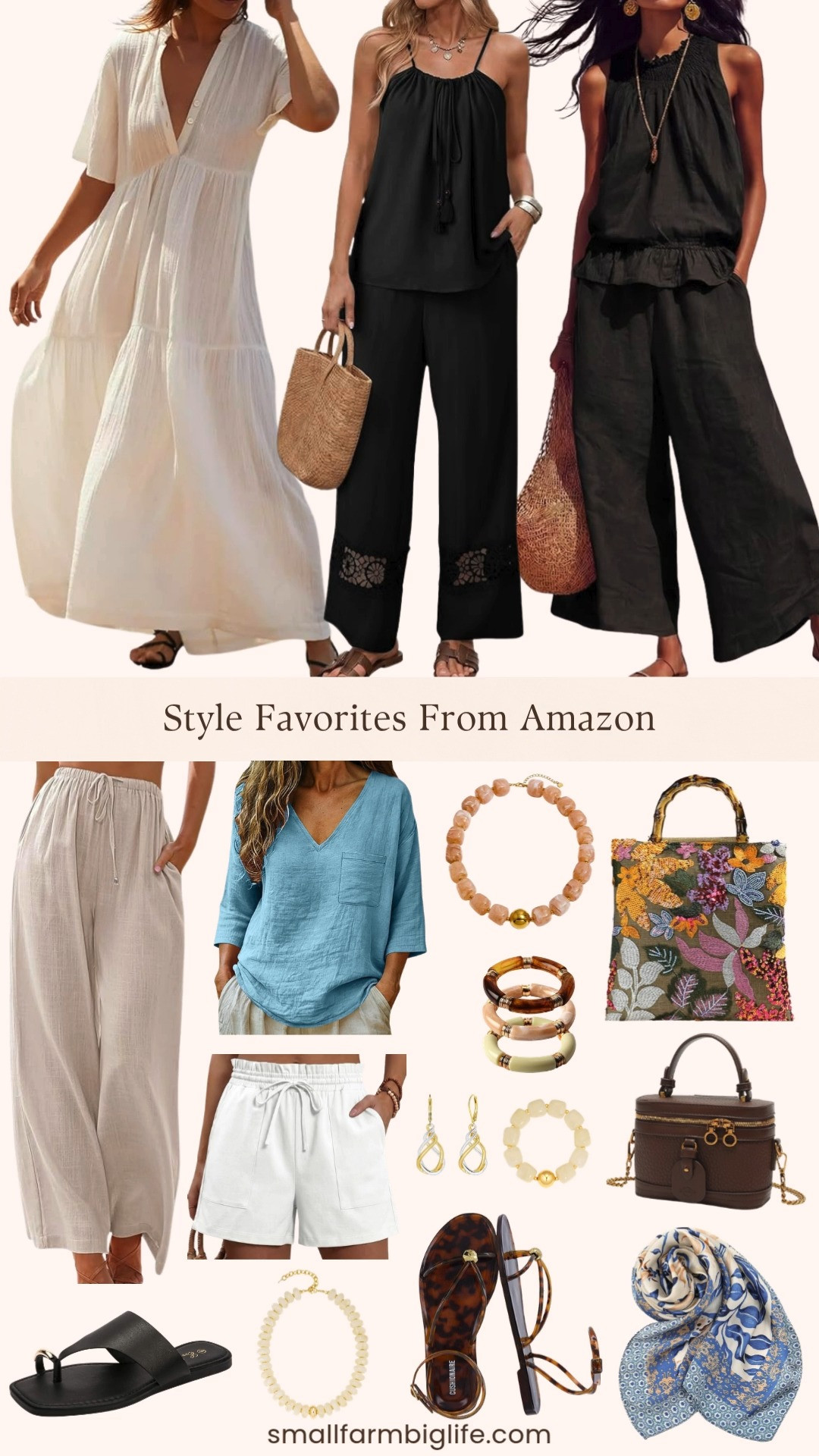 Easy summer style from Amazon and every piece is such a great price. The white flowy maxi dress and the sky blue gauze shirt are two of my favorite effortless summer basics, and the black linen two piece set and black spaghetti strap wide leg pants set are perfect for beach days or vacation travel. I love the sequin embroidered floral tote as a statement bag and the small brown crossbody for everyday errands. The chunky beaded choker necklaces, beaded bracelets, and twisted drop earrings are such pretty accessories to finish any summer look, and the jelly sandals and toe ring slide sandals are two of the most fun shoe trends right now. Tap to shop! 

 #LTKgrwm #LTKootd #LTKOver40