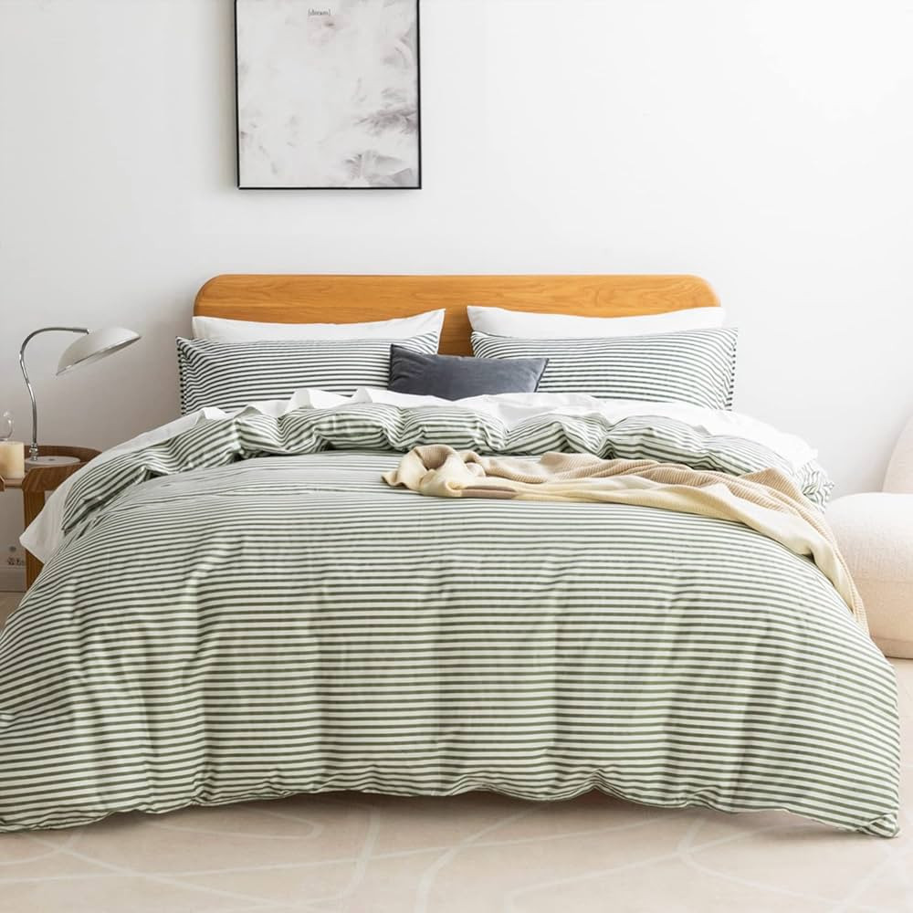 JELLYMONI 100% Natural Cotton 3pcs Striped Duvet Cover Sets,White with Green Stripes Pattern Prin... | Amazon (US)