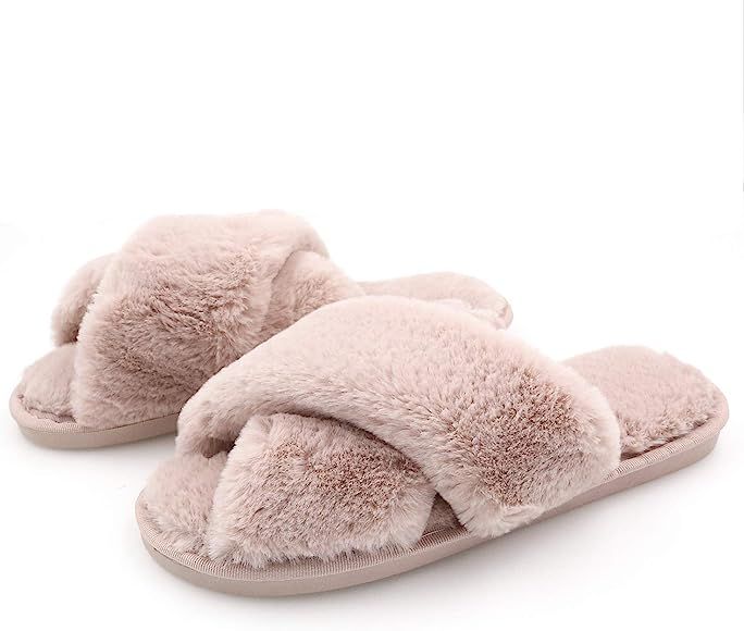 Women's Cross Band Soft Plush Fuzzy House/Indoor Slippers,Open Toe Faux Fur Fluffy Flats Slippers... | Amazon (CA)