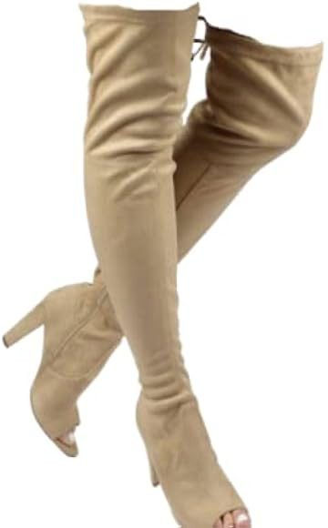 Wild Diva Women Faux Suede Peep Toe Thigh High Chunky Heel Boot GA42 | Amazon (US)