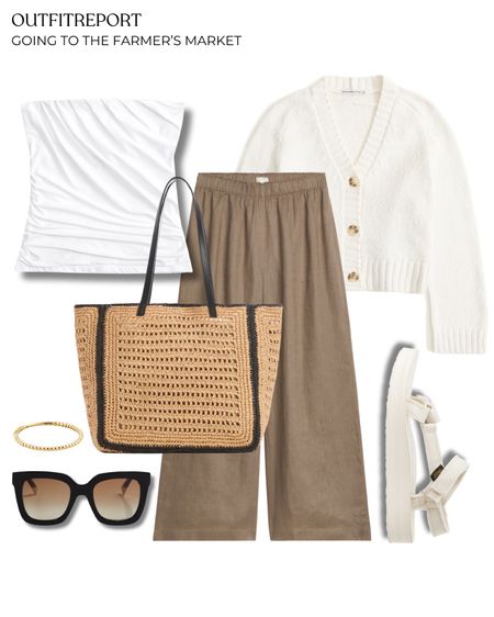 Summer spring outfit in brown lounge trousers white cardigan white tube top white sandals tote straw handbag and sunglasses 

#LTKstyletip #LTKshoecrush #LTKitbag
