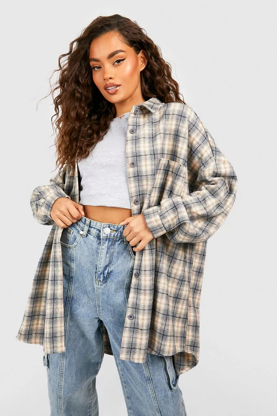 Grey Oversized Checked Shirt | Boohoo.com (UK & IE)