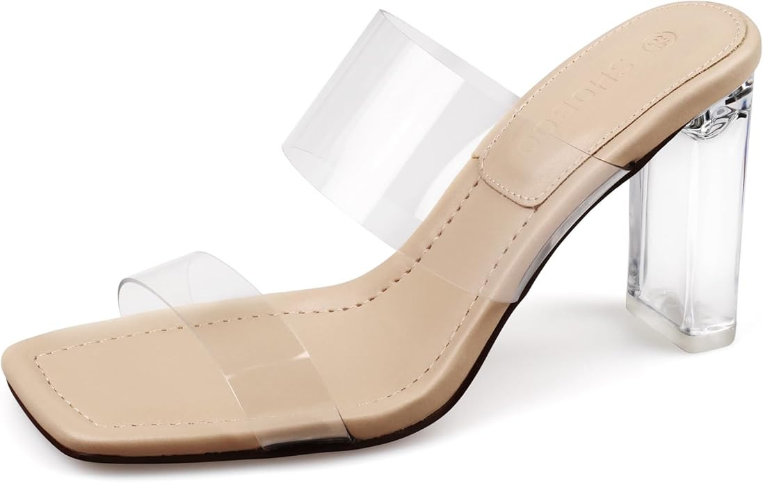 SHOBOO Clear Heels Mules Sandals for Women Transparent Two Strap Square Toe Backless Block Heel S... | Amazon (US)
