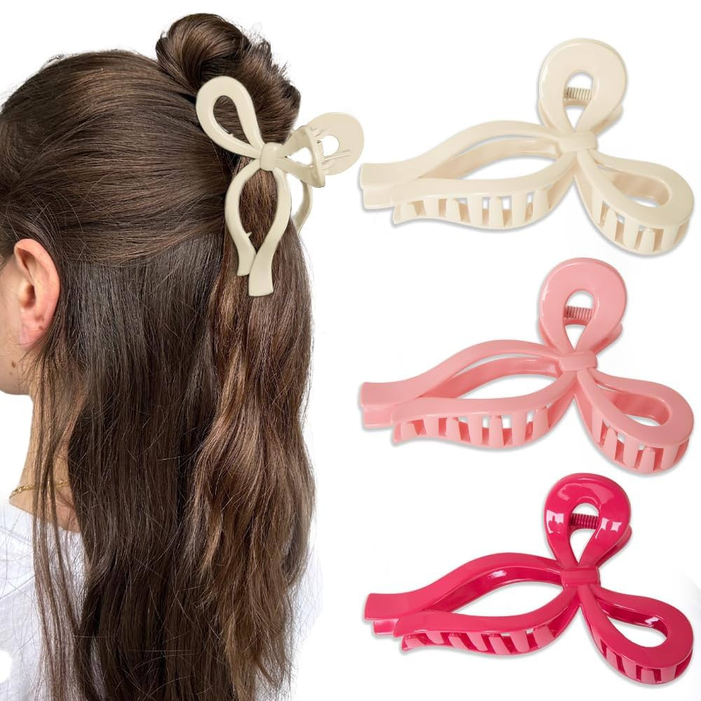 Butterfly Hair Clips and Bows Set - 3Pcs 5 Inch Trendy Claw Clips for Thick Hair, Pink Ribbon Cli... | Amazon (US)