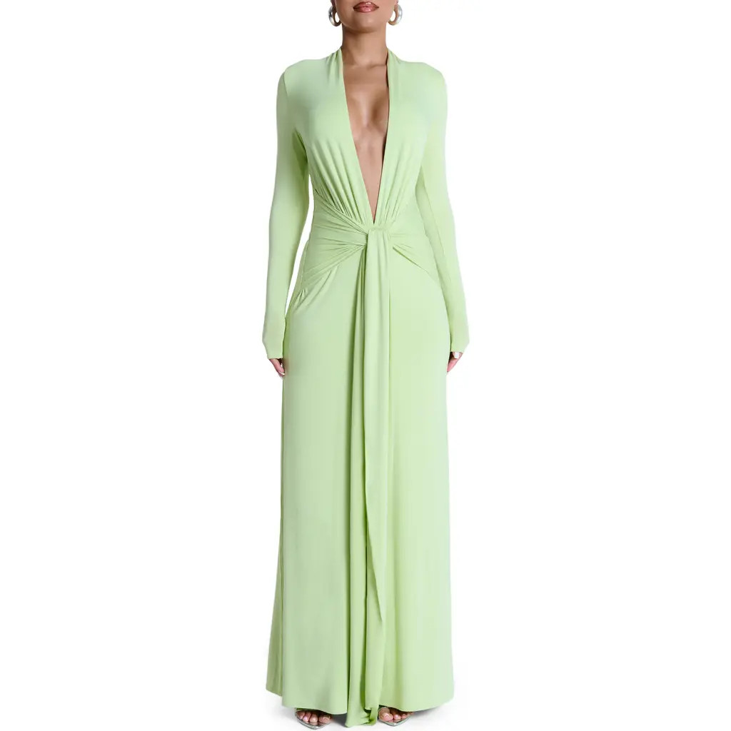 Naked Wardrobe Plunge Neck Long Sleeve Stretch Jersey Maxi Dress in Pistachio at Nordstrom, Size Large | Nordstrom