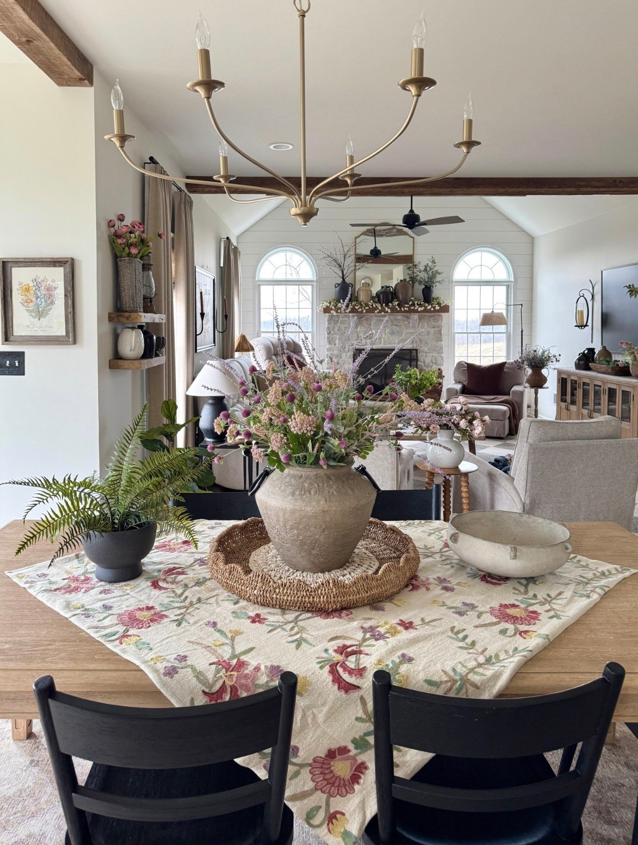 Spring floral table throw, faux florals and greenery, artisan bowl, black planter, brushed brass chandelier and more!