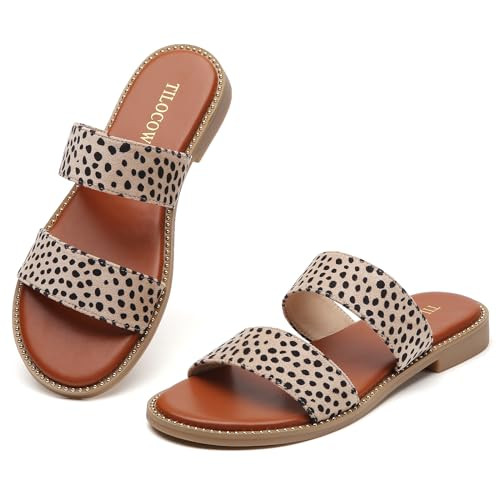 Tilocow Women's Flat Sandals with Rivets Inlaid Slip on Sandals Two Strap Casual Summer Slide Sho... | Amazon (US)