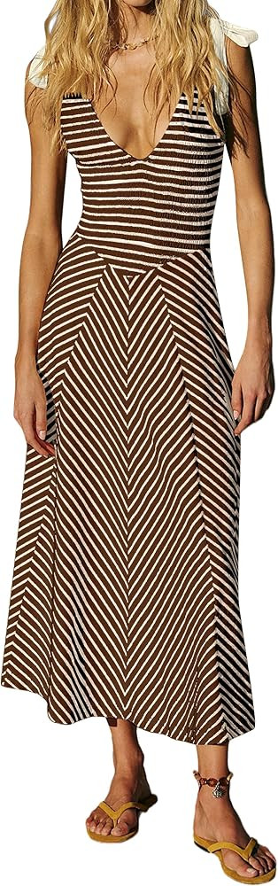 Women Casual Summer Striped Dresses Smocked V Neck Bow Beach Dress Sleeveless Sundress Beach Long... | Amazon (US)