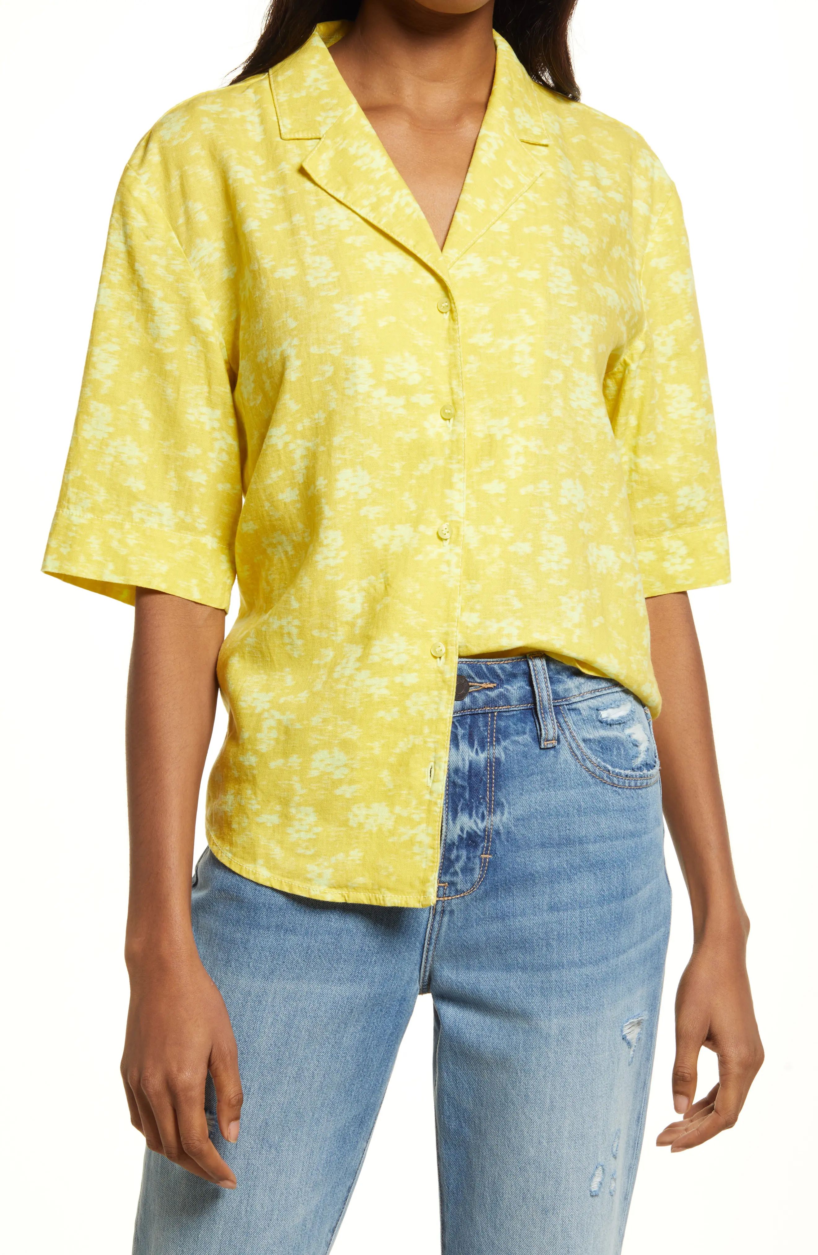 Treasure & Bond Women's Linen Blend Camp Shirt in Yellow Hazy Floral at Nordstrom, Size Medium | Nordstrom