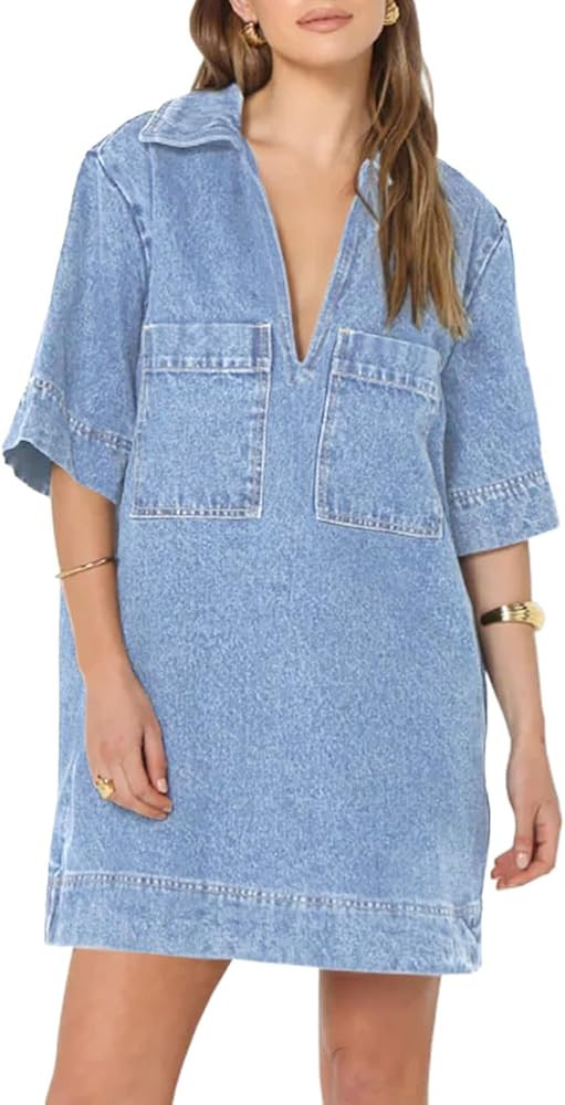 Fisoew Womens Denim Shirt Dress Summer Collared V Neck Mini Casual Jean Dresses with Pockets | Amazon (US)