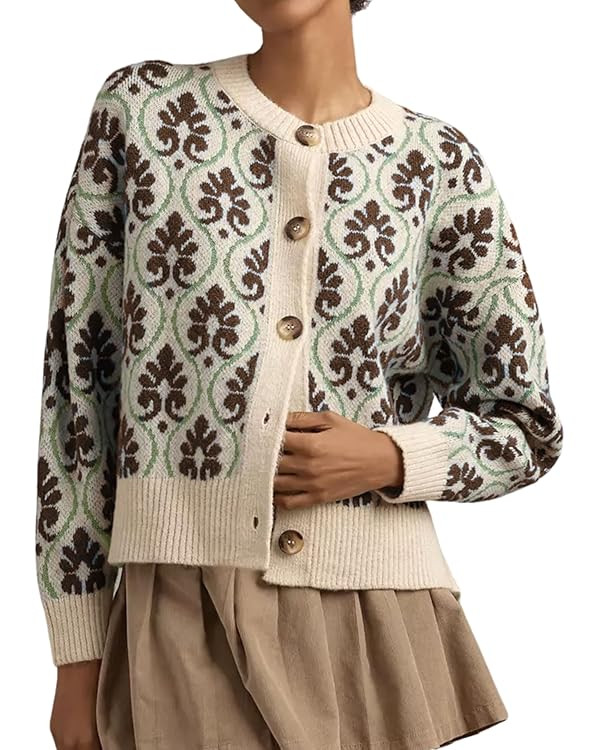 Women Floral Cardigan Sweater Open Front Long Sleeve Button Down Knit Sweater Vintage Outerwear | Amazon (US)