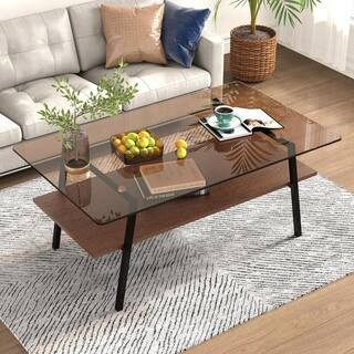 Seafuloy 38.58 in. Modern Rectangle Tempered Brown Glass Coffee Table, Black Metal Legs & MDF Bas... | The Home Depot