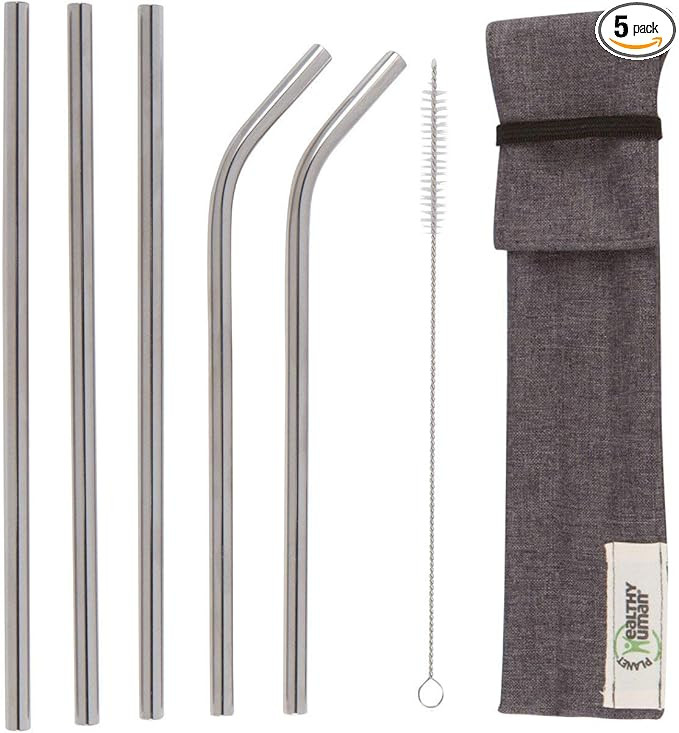 Healthy Human Set of 5 BPA Free Reusable Metal Drinking Stainless Steel Straws with Portable Trav... | Amazon (US)