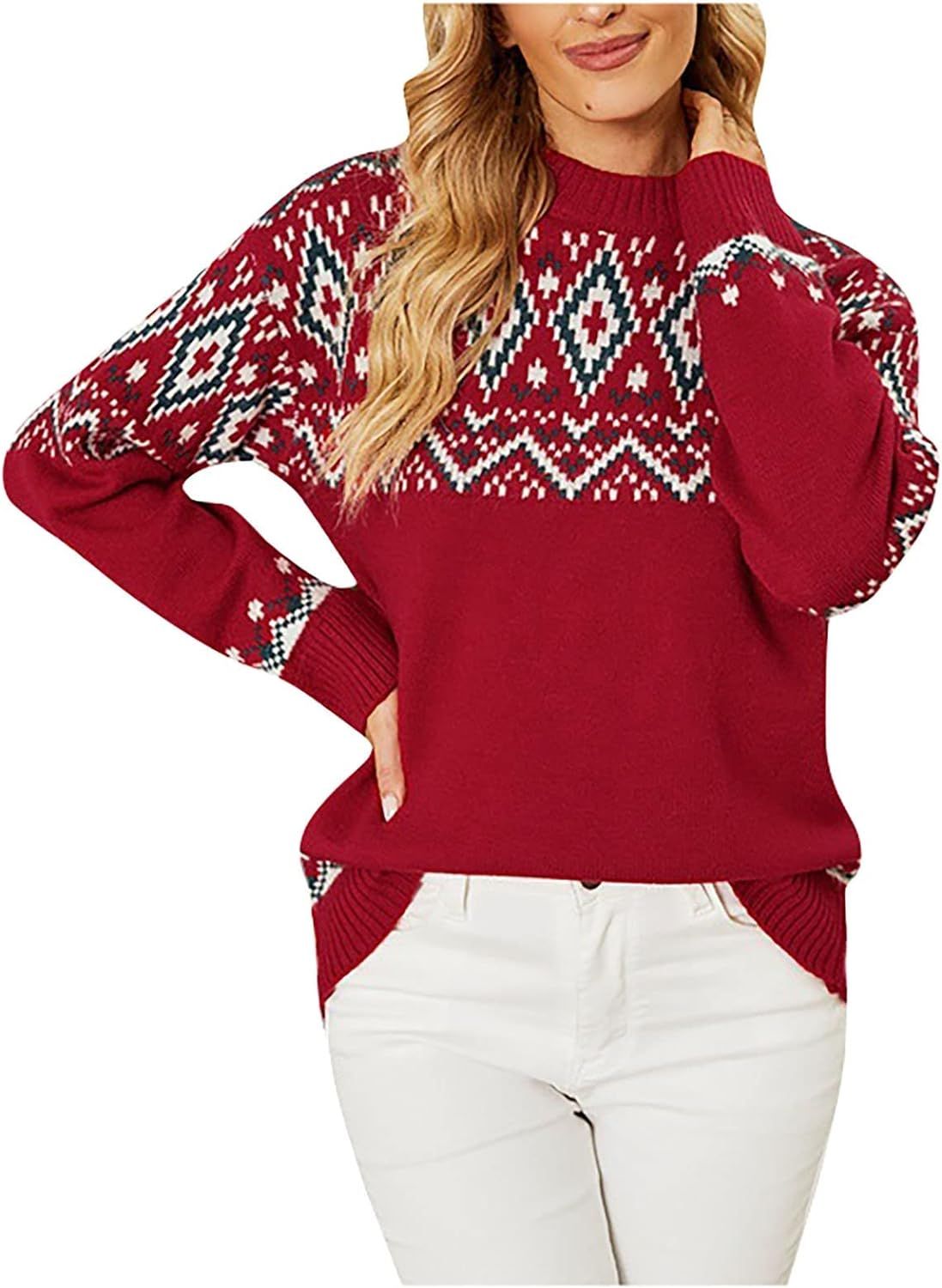 Women's Fall Sweaters Casual Fashion Christmas Knit Half Turtleneck Contrast Sweater Oversized | Amazon (US)