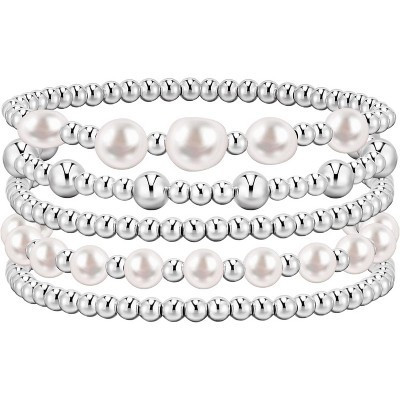 14K Gold Plated Bracelet Stack Strand Stretch Bead Ball Bracelet Set Stackable Bracelet Silver Pearl 7.25 IN 7.25 | Target
