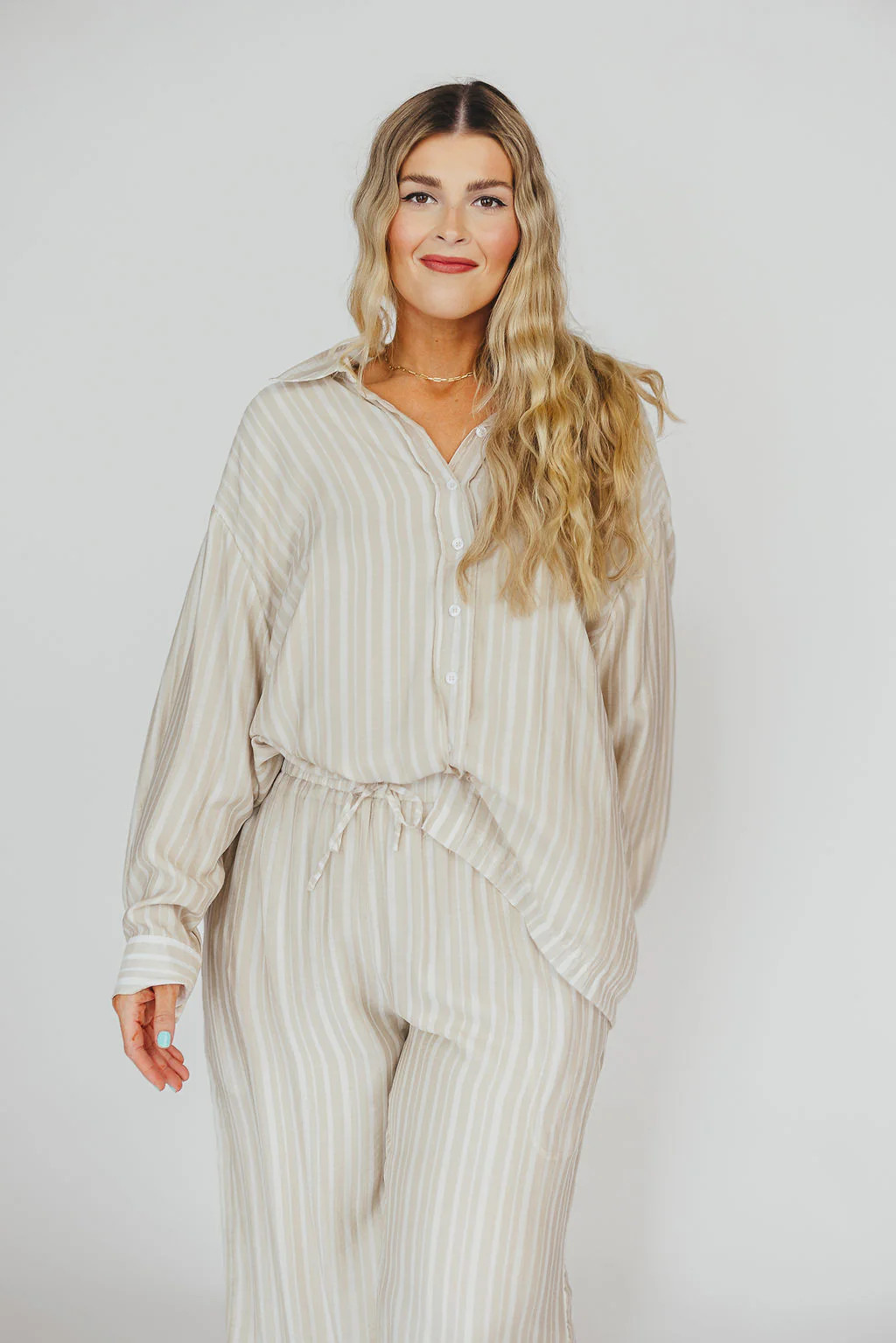 Sloane Striped Button-Down Shirt and Pants Set in Natural - Nursing Fr | Worth Collective