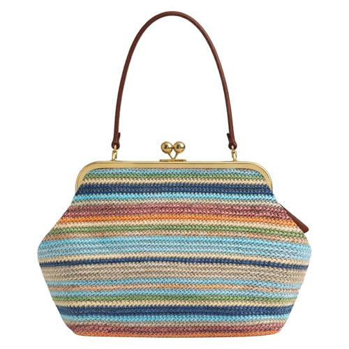 Woven Straw Tote Bag for Women, Summer Beach Kiss Lock Bag, Large Capacity Rainbow Striped Handbag Purse for Vacation | Amazon (US)