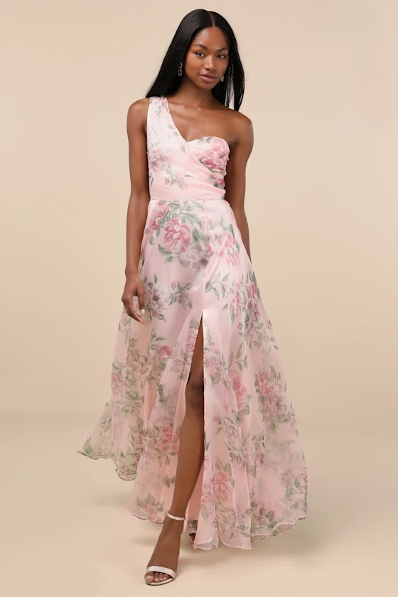 Truly Extraordinary Pink Floral Organza One-Shoulder Maxi Dress | Lulus