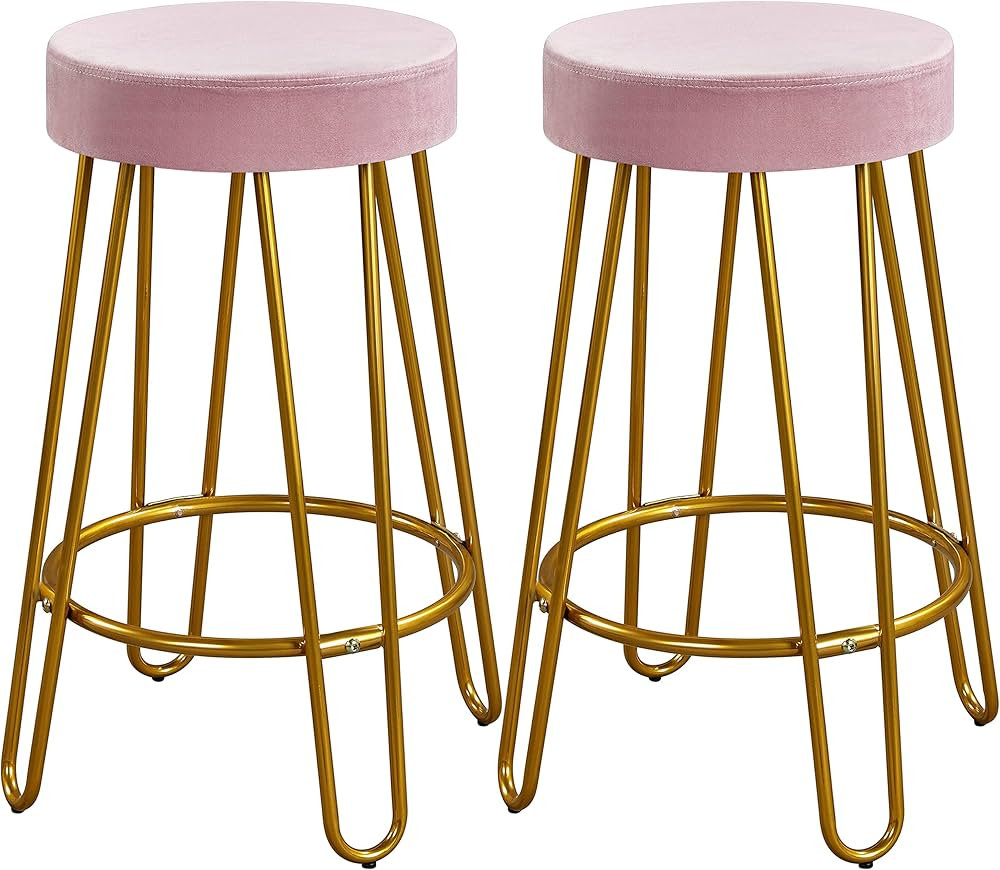 Yaheetech Round Kitchen Counter Stool Home Bar Height Stools with Golden Hairpin Legs Upholstered... | Amazon (US)