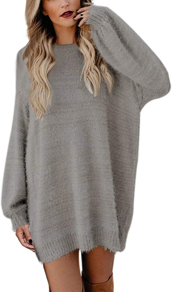 Sweater Dress for Women,Women Crew Neck Long Lantern Sleeve Casual Loose Oversized Sweater Dress ... | Amazon (US)