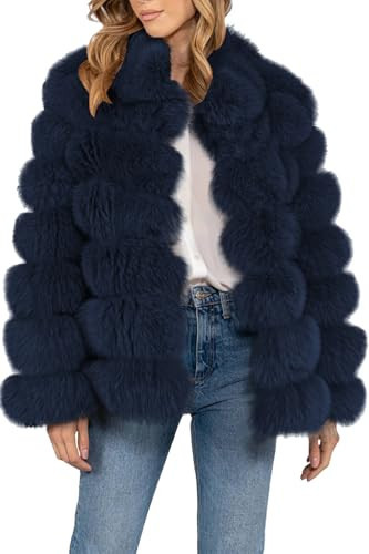 Aoang Ladies Fur Coats Faux Fur Long Jacket Womens Plush Jacket Navy Blue M | Amazon (US)