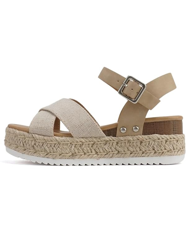Soda “FIRELY” ~ Women Round Toe Crisscross Band Platform Espadrille Wedge Sandal with Adjusta... | Amazon (US)