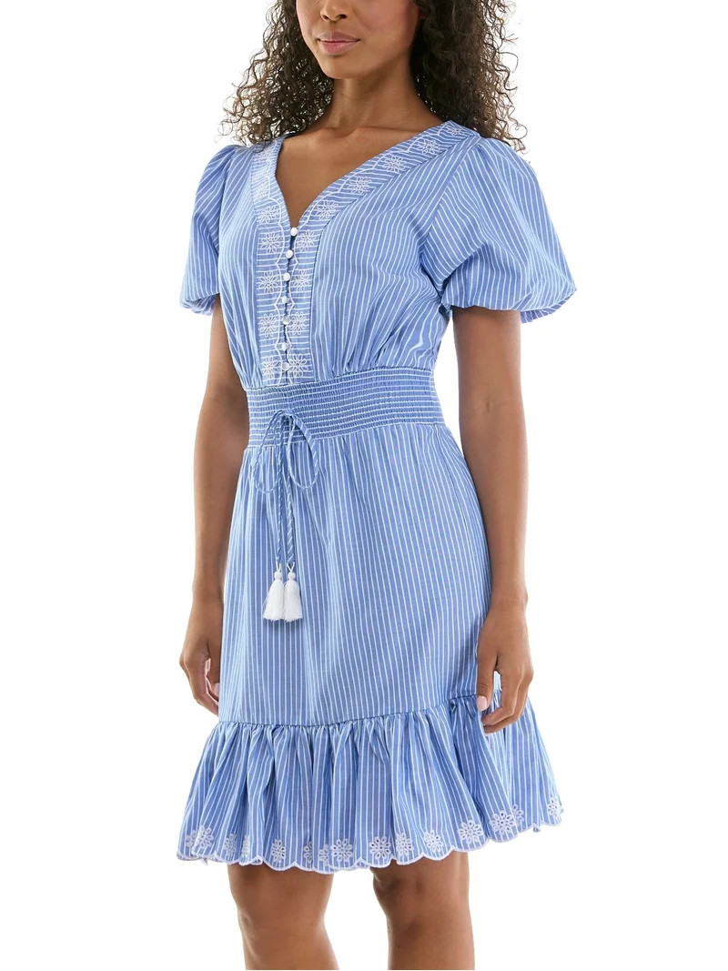 Split Neck Embroidered Poplin Dress | Walmart (US)