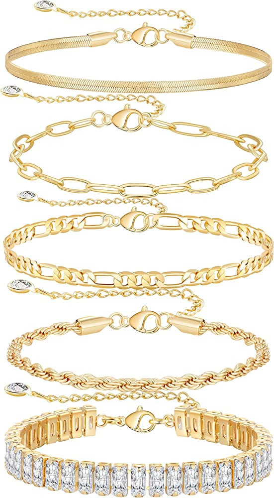 MOROTOLE 5PCS 14K Gold Plated Bracelets Set for Women Men Adjustable Hypoallergenic Stackable Str... | Amazon (US)