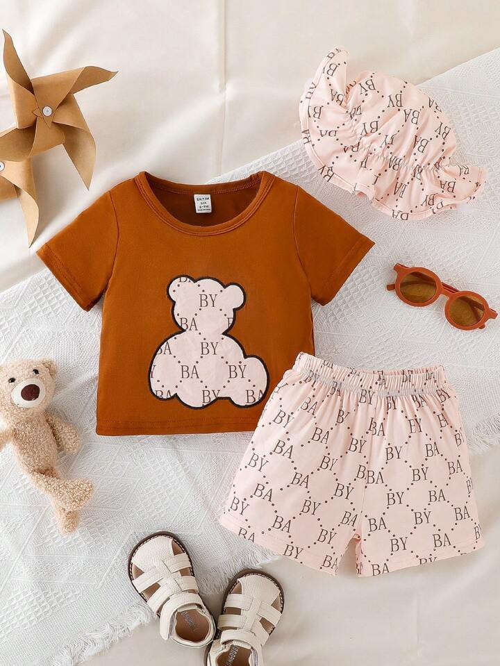 Infant Boys' Casual Simple Teddy Bear Pattern Short Sleeve Top With Letter Print Shorts Set Summe... | SHEIN