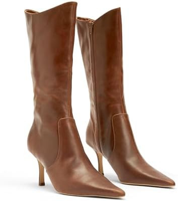 Coutgo Womens Mid Calf Boots Pointed Toe High Heel Long Boots Side Zipper Winter Dress Shoes | Amazon (US)