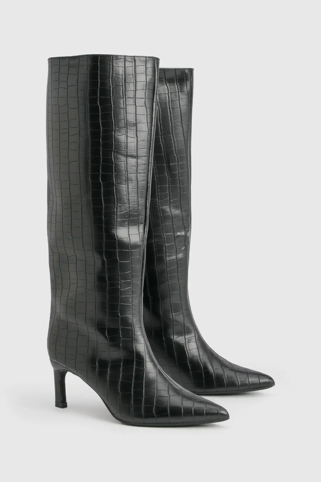 Column Pointed Knee High Heeled Boots | Boohoo.com (UK & IE)