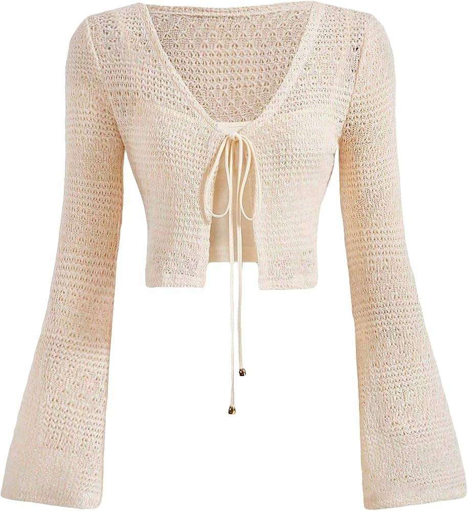 SHENHE Women's Tie Front V Neck Long Bell Sleeve Casual Crop Top Blouse Shirt | Amazon (US)