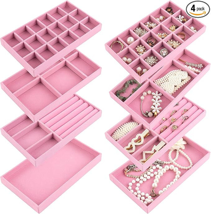 Framendino, 4 Pack Velvet Jewelry Organizer for Drawers Inserts Pink Stackable Earrings Bracelets... | Amazon (US)