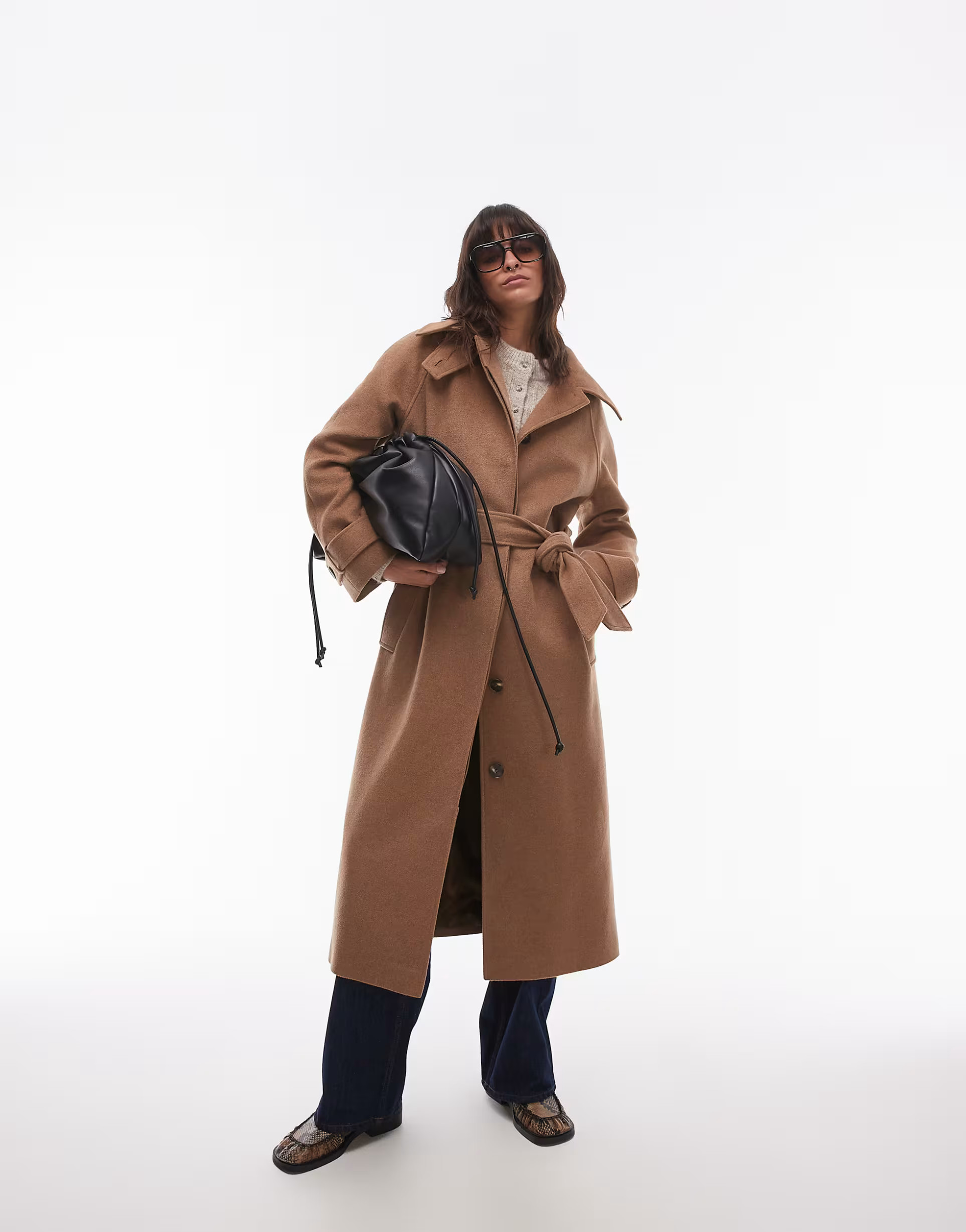 Topshop tab belted car coat twill in camel | ASOS (Global)