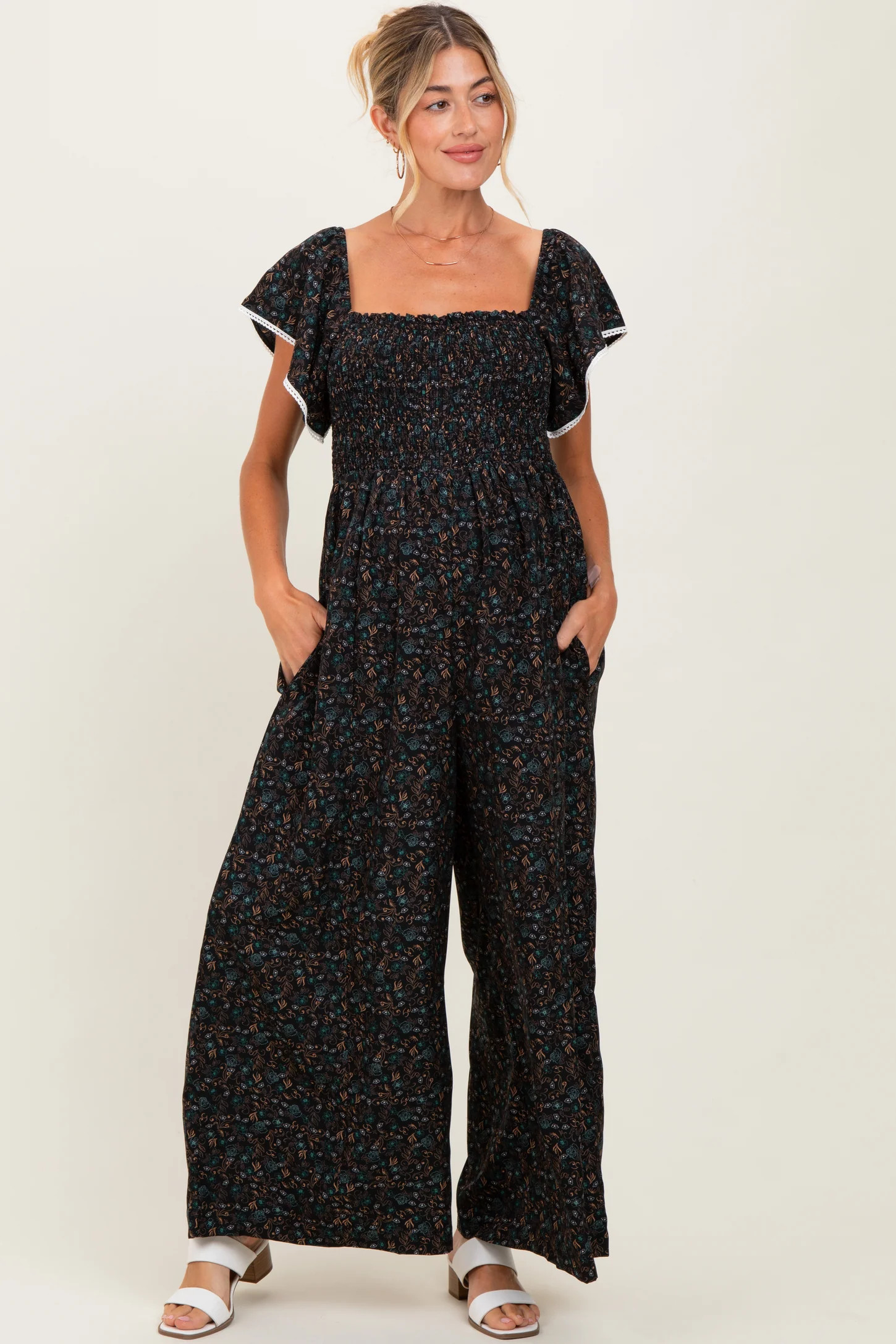 Light Taupe Floral Smocked Lace Trim Wide Leg Maternity Jumpsuit | PinkBlush Maternity