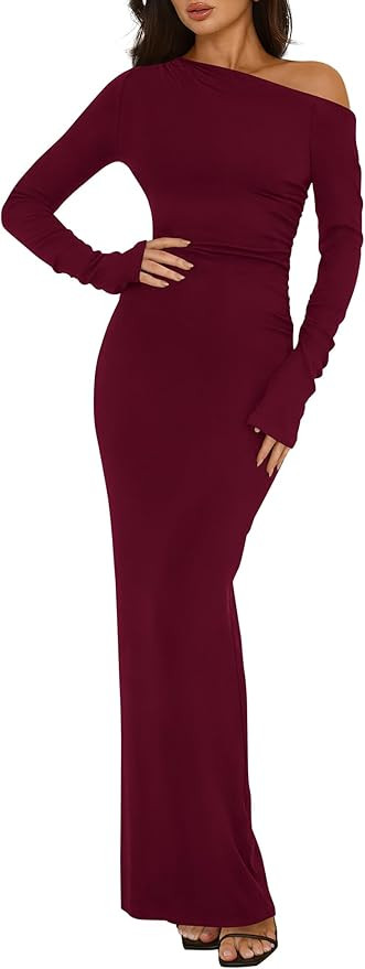 BTFBM One Shoulder Long Sleeve Dress for Women 2025 Bodycon Ruched Night Out Formal Maxi Fall Wed... | Amazon (US)
