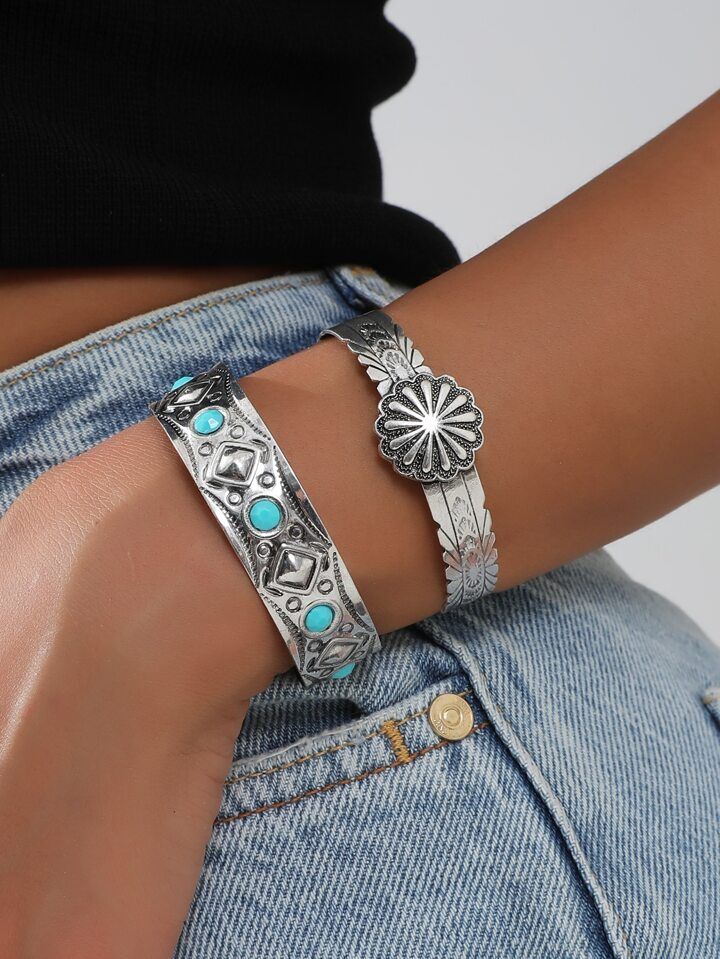 2 Pcs Western Style Antique Silver Color Metal Cuff Bangle Bracelet Set Turquoise Jewelry for Wom... | SHEIN