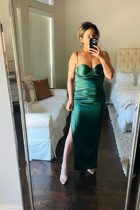 Women's Satin Spaghetti Straps  Ruched Bodycon Dress Slit. Love the Emerald green .. great for a wedding guest dress also has padded chest. 

#LTKfindsunder100 #LTKwedding #LTKover40