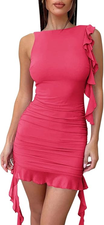 Zwurew Women's Bodycon Mini Dress Summer Sleeveless Ruched Mesh Ruffled Hem Club Party Dresses | Amazon (US)