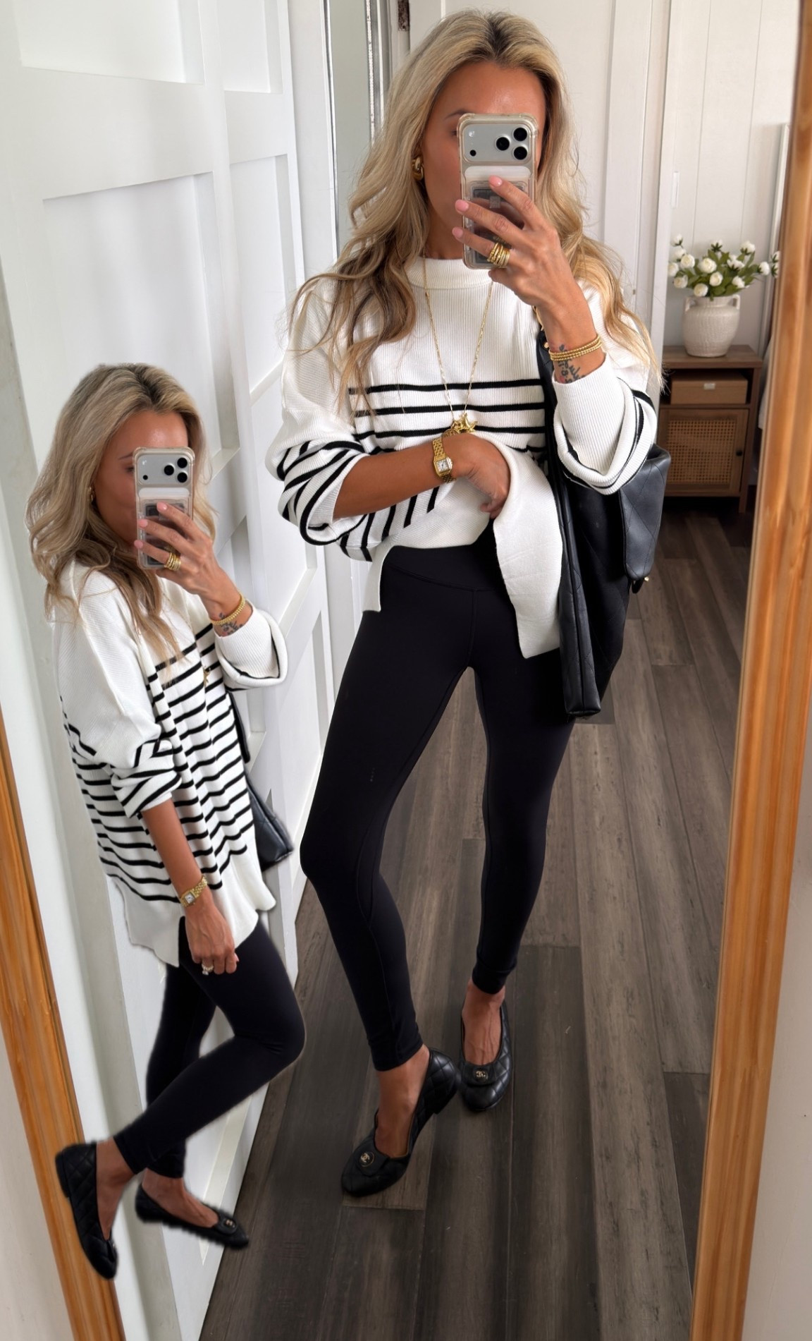 Such a great petite-perfect combo! Choose the 23inch and you’ll be golden! Sweater is great for our height. Not overwhelmingly long, perfect with leggings and gives that oversized look. Resting the xs. 