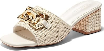 Coutgo Womens Raffia Slide Sandals Chunky Block Heeled Square Open Toe Metal Chain Slip on Mules ... | Amazon (US)