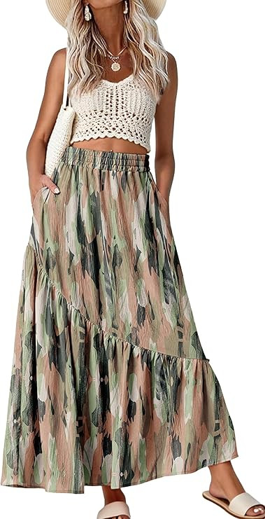 GRECERELLE Women's Maxi Skirt Summer Flowy High Waist Pleated Tiered A-Line Boho Casual Long Skir... | Amazon (US)