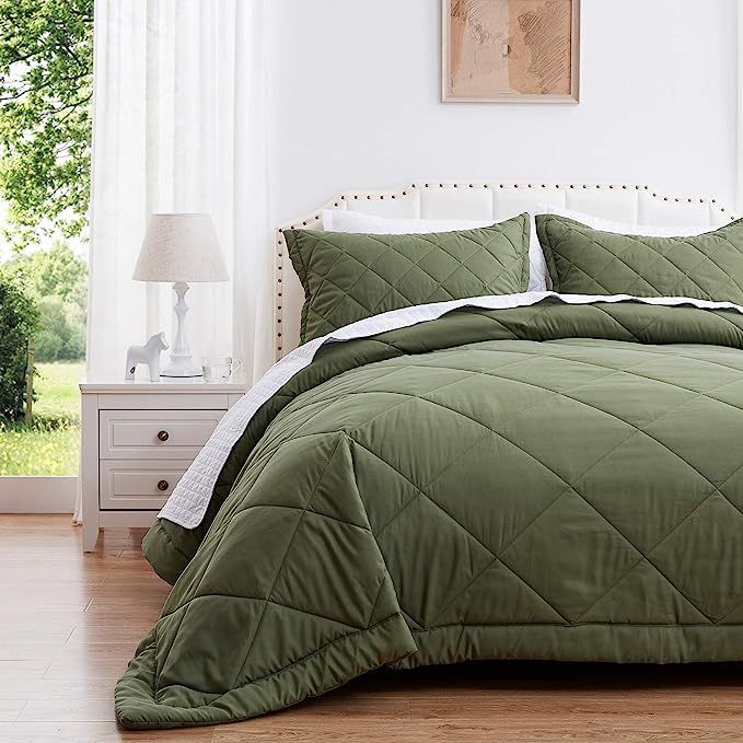 SunStyle Home Queen Quilt Set Lightweight Green Comforter Set Diamond Pattern All Season 3 Pieces... | Amazon (US)
