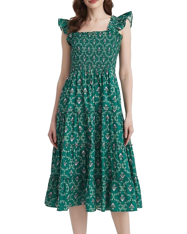 LifeShe Women Summer Floral Midi Flowy Dress Square Neck Smocked Flutter Sleeve Tiered Beach Boho... | Amazon (US)