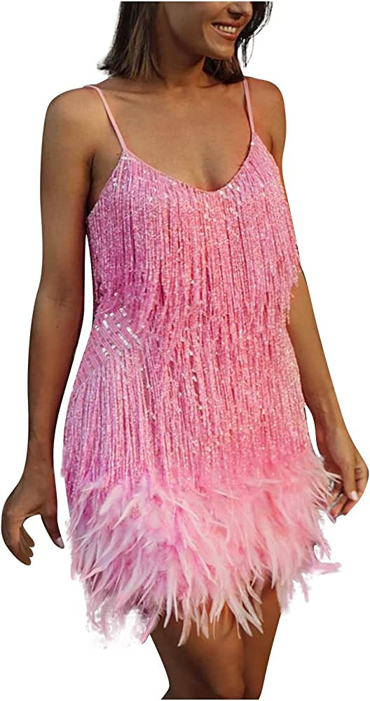 TWGONE Womens Dresses Pink Party Dress Pink Sequin Dress Pink Fringe Dress Pink Feather Dress | Amazon (US)