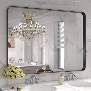 TOOLKISS 48 in. W x 32 in. H Rectangular Aluminum Framed Wall Bathroom Vanity Mirror in Black B12... | The Home Depot