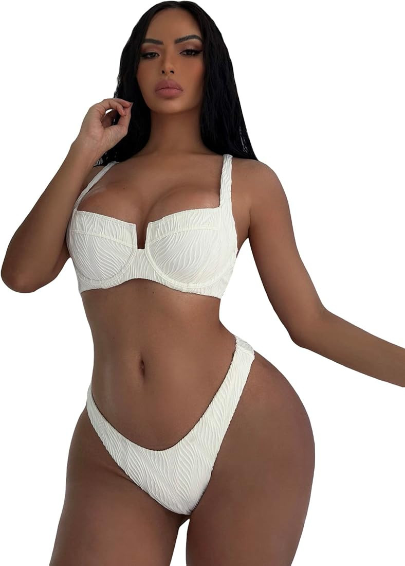 Milumia Women's 2 Piece Underwire Swimsuits Textured High Cut Bikini Sets Swimwear | Amazon (US)