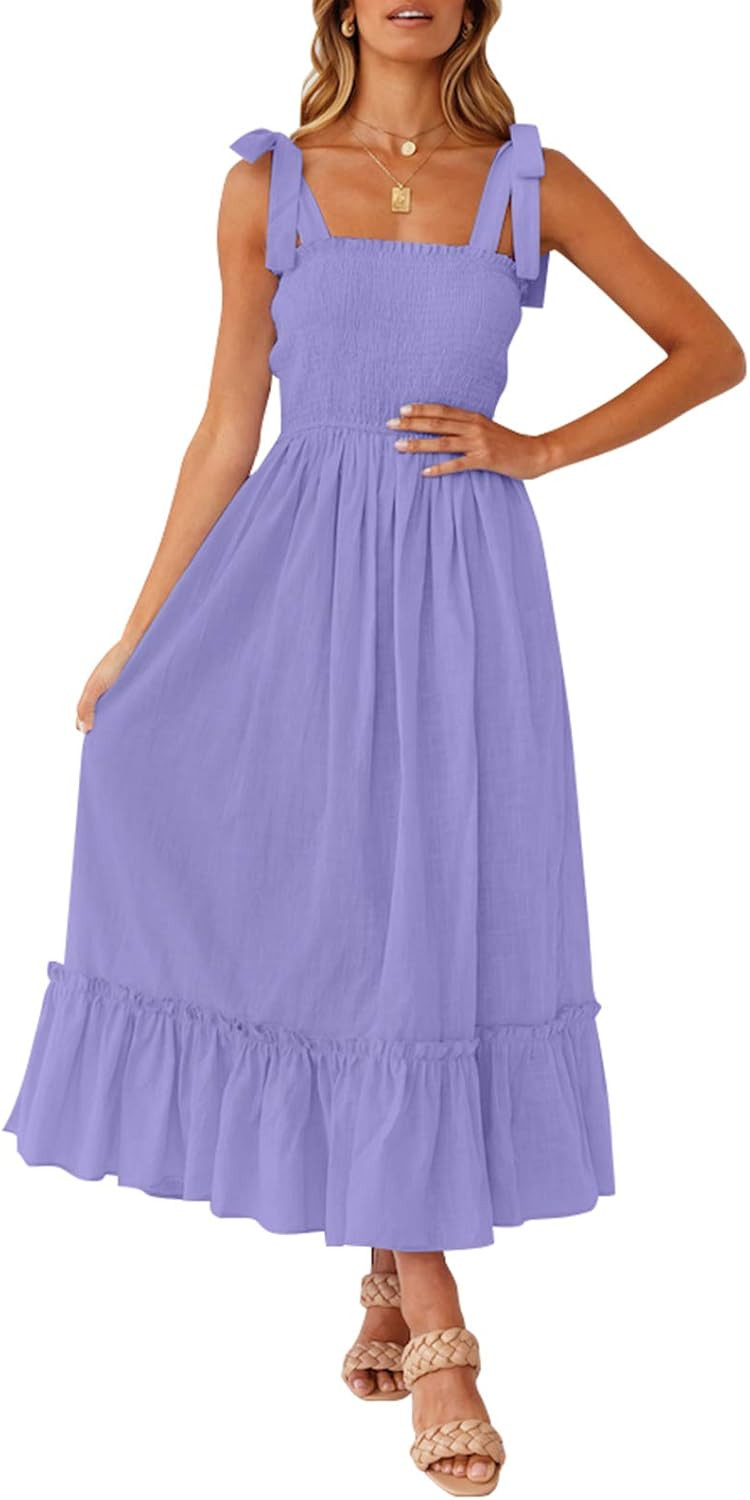 ZESICA Women's 2023 Summer Boho Spaghetti Strap Square Neck Solid Color Ruffle A Line Beach Long ... | Amazon (US)